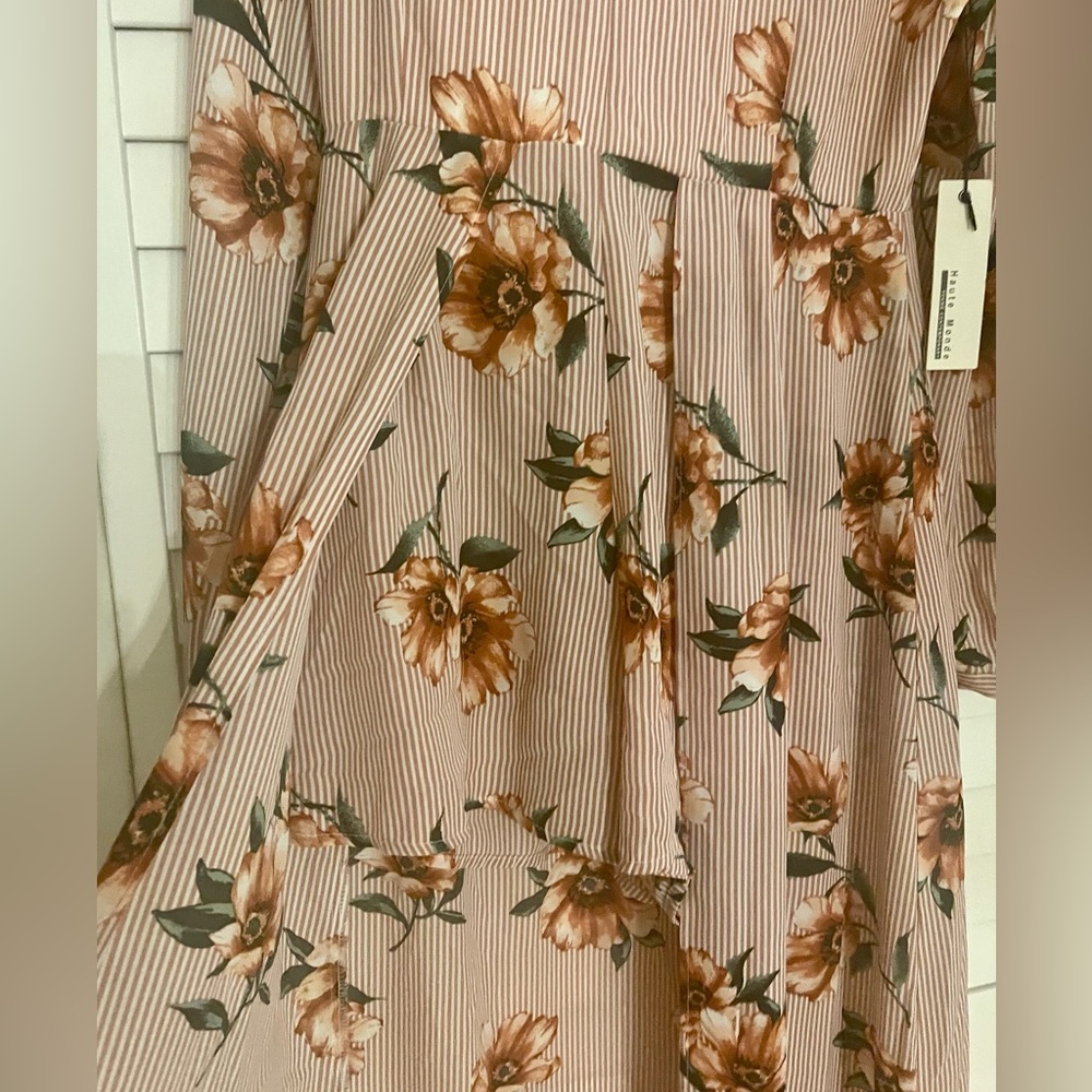 NWT Peach Pinstriped floral plunge 2-in1 Maxi Dress Romper Large Cottagecore - Picture 4 of 10